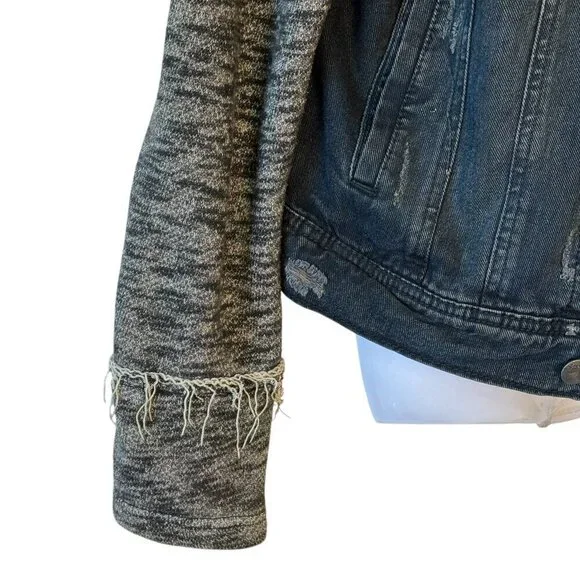 Free People Knit Hooded Denim Jacket Pumice Black Size S Distressed Women’s - Picture 5 of 14